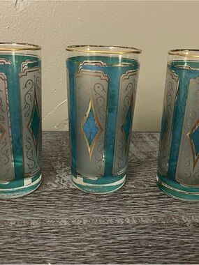 Vintage Libbey Blue & Gold Diamond Glasses Set of 3 with 22k gold rim